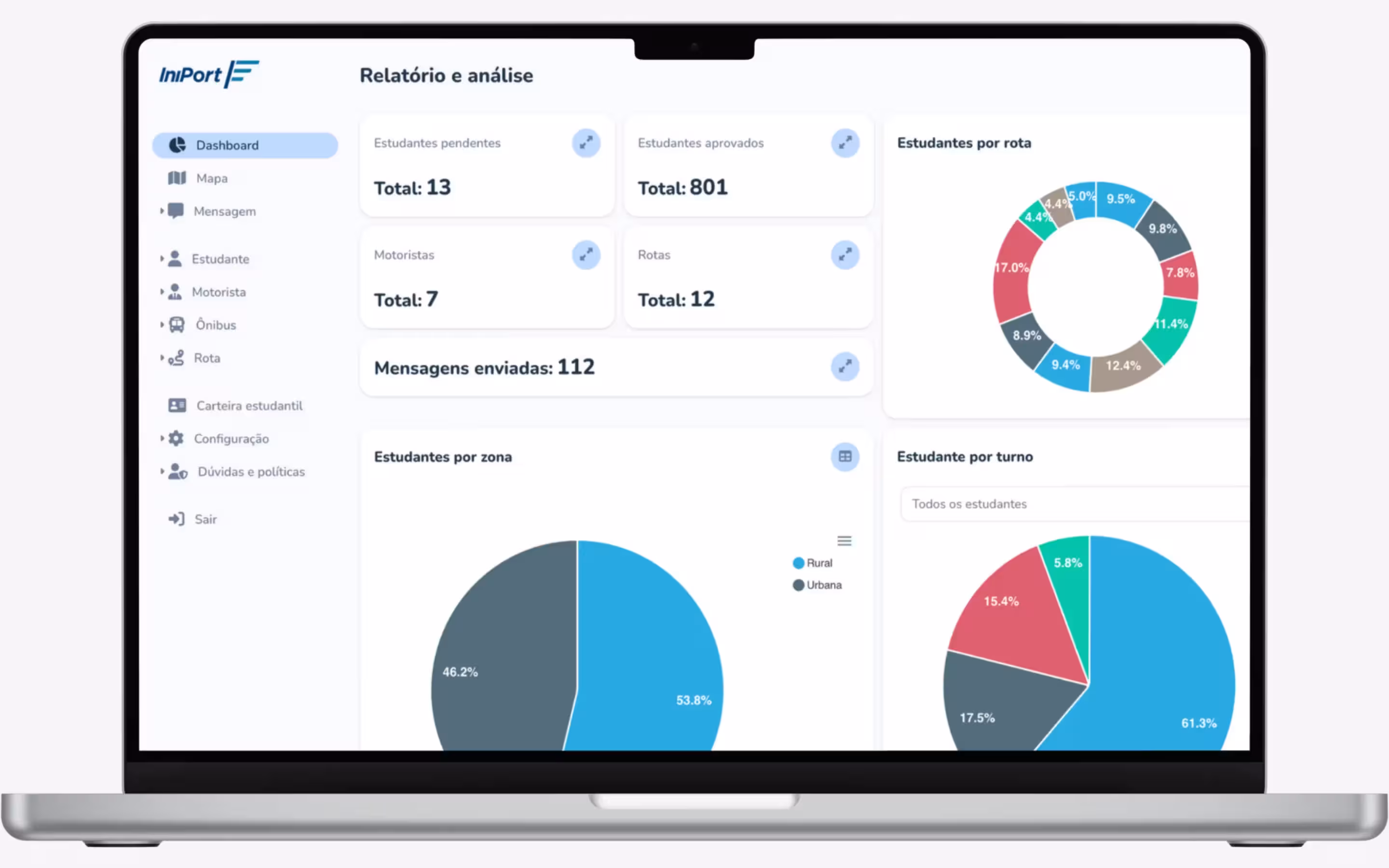 Dashboard da plataforma IniPort para prefeituras, mostrando mapa de rastreamento